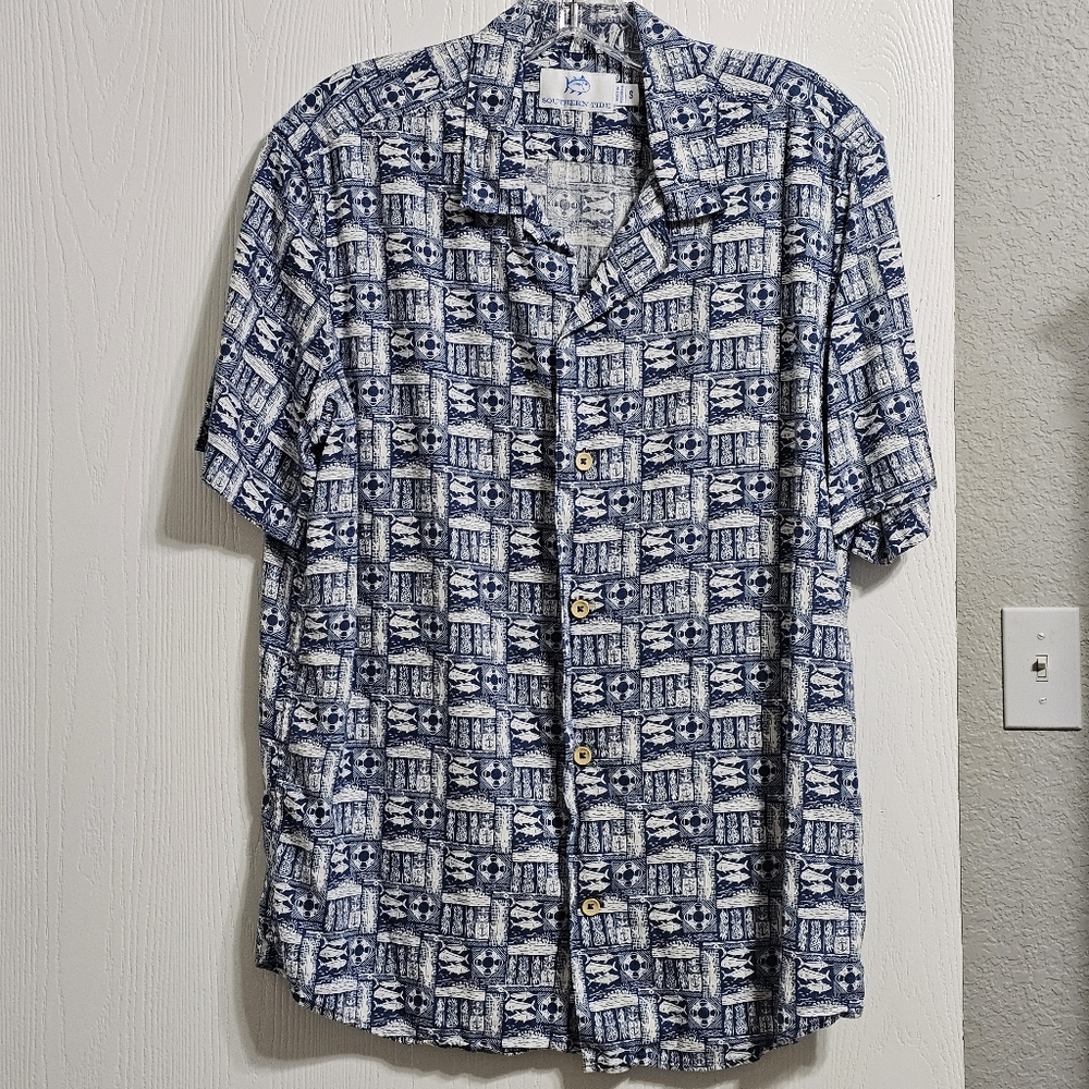 Men's Southern Tide Short Sleeve Button Down Casual Shirt Fish S